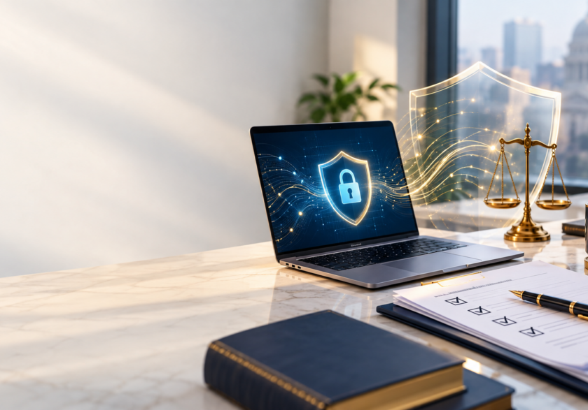 Laptop with a data protection shield icon and a compliance checklist, illustrating DPDP Act 2023 compliance