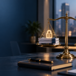 Scale of justice balancing data security documents and coins, representing DPDP Act penalties for companies