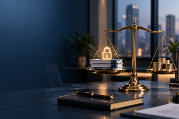 Scale of justice balancing data security documents and coins, representing DPDP Act penalties for companies