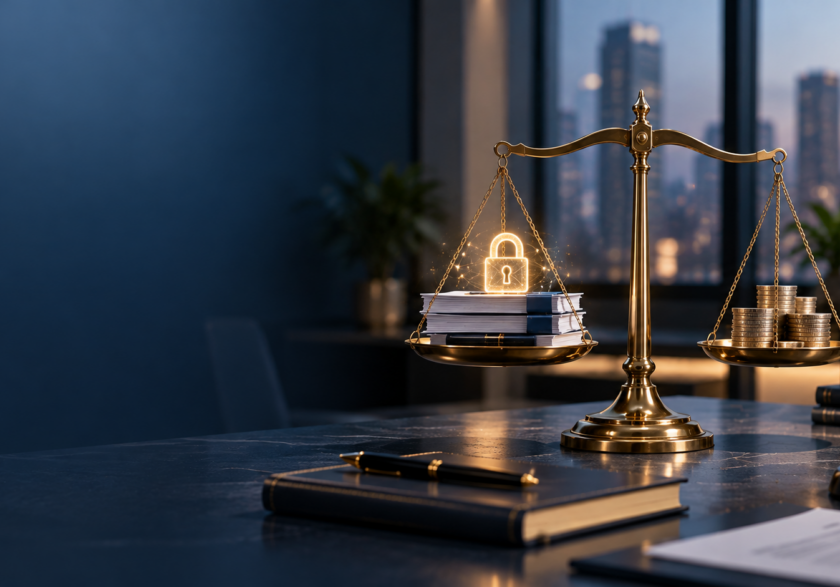 Scale of justice balancing data security documents and coins, representing DPDP Act penalties for companies