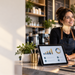 US small business owner in their shop with a tablet showing reconciled books from outsourced bookkeeping