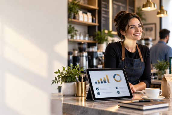 US small business owner in their shop with a tablet showing reconciled books from outsourced bookkeeping