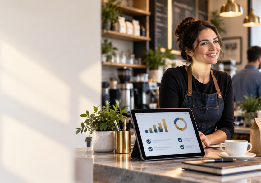 US small business owner in their shop with a tablet showing reconciled books from outsourced bookkeeping