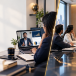Split image of a virtual CFO on a video call and a full-time CFO presenting financial charts in a boardroom