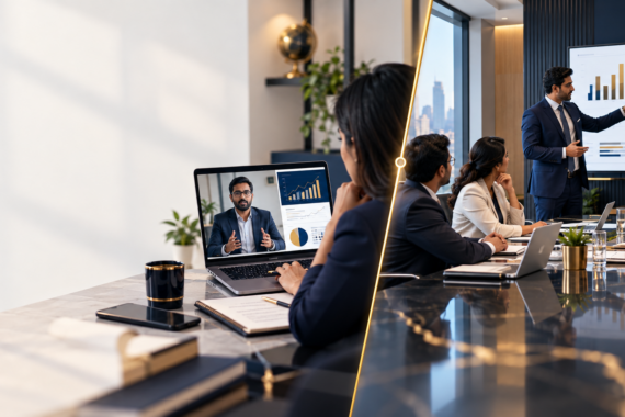 Split image of a virtual CFO on a video call and a full-time CFO presenting financial charts in a boardroom
