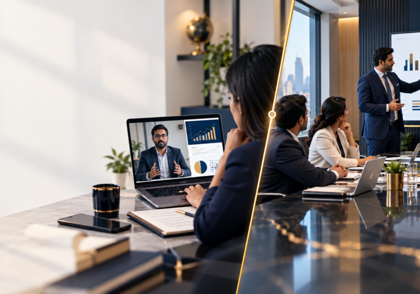 Split image of a virtual CFO on a video call and a full-time CFO presenting financial charts in a boardroom